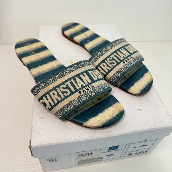 Christian Dior D-Stripes Embroidered Dway Slide Sandals Deep Ocean Sz 39 / 9 - Picture 1 of 6